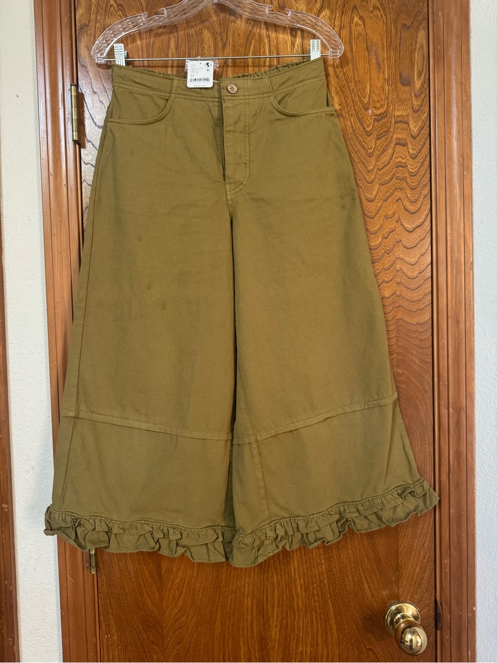 Anthropologie Olive Green Ruffle-Hem Wide-Leg Bermudas